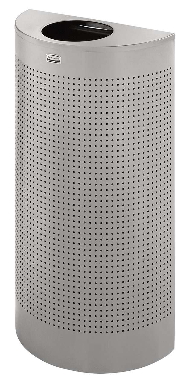 半圆形室内装饰垃圾桶采用贴合墙面设计，有效节省空间，减少高人流量区域的通行阻碍。桶身采用线条流畅的实用设计，与高端现代室内环境完美融合。