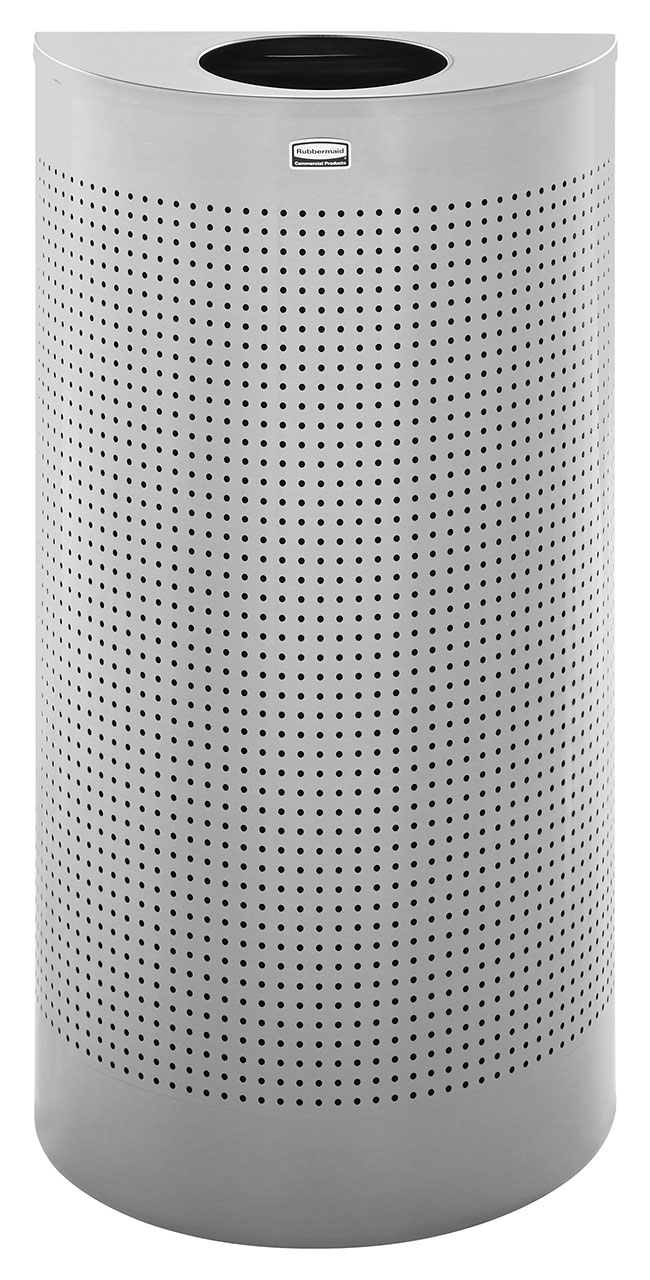 半圆形室内装饰垃圾桶采用贴合墙面设计，有效节省空间，减少高人流量区域的通行阻碍。桶身采用线条流畅的实用设计，与高端现代室内环境完美融合。