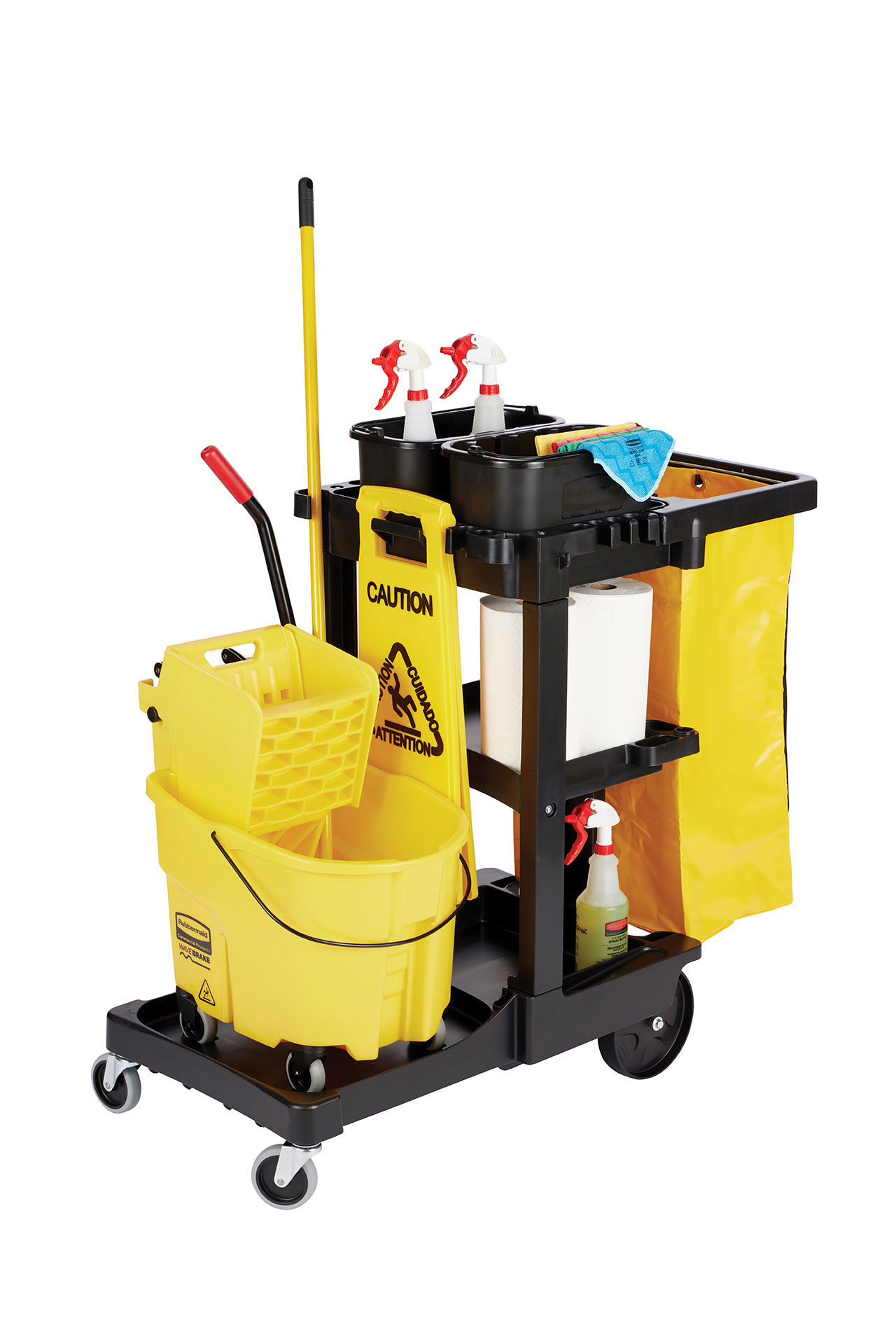 传统型清洁推车（配黄色乙烯基储物袋）专为高效清洁作业设计，集成废弃物收集与工具运输功能。