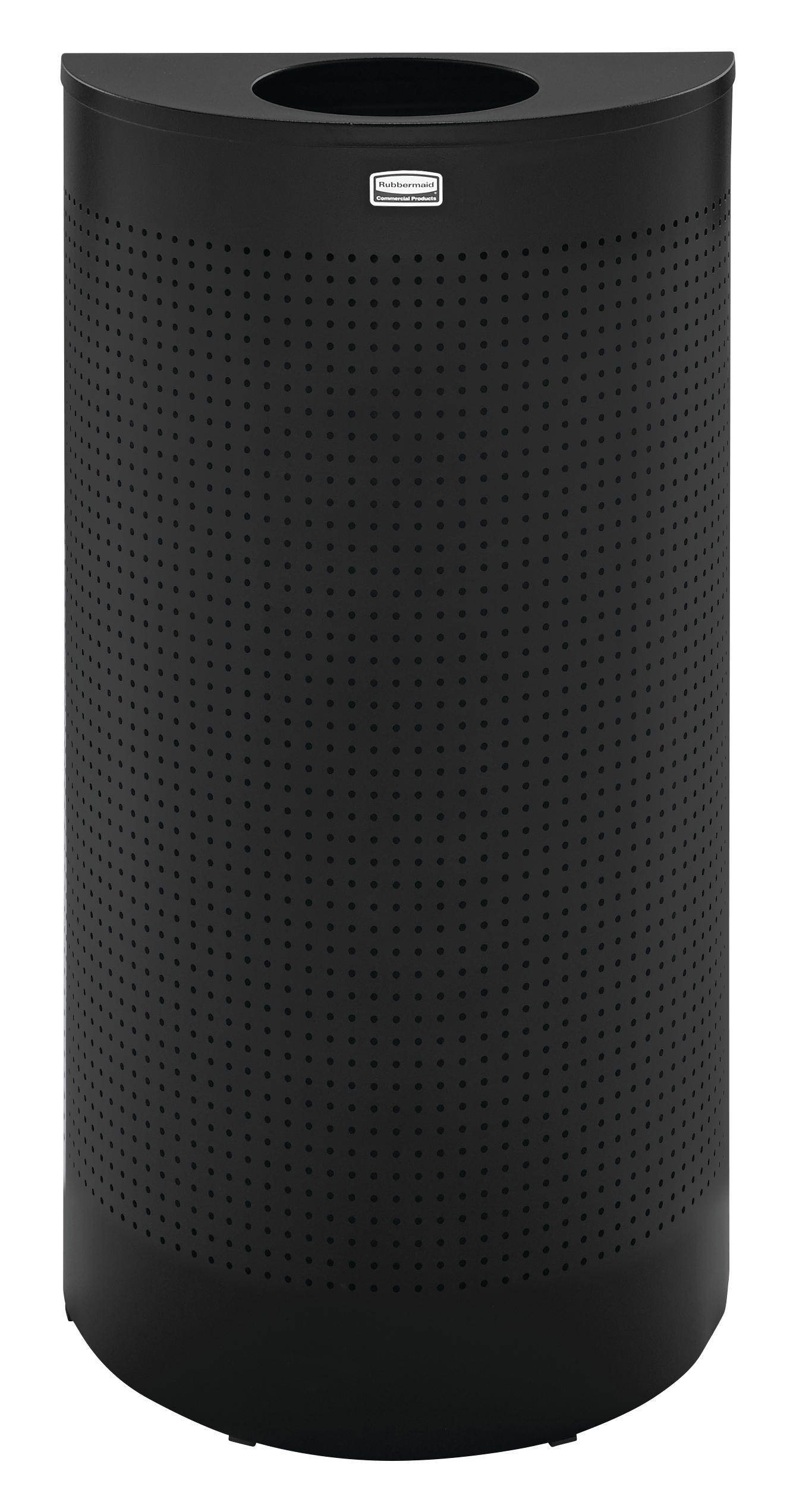 半圆形室内装饰垃圾桶采用贴合墙面设计，有效节省空间，减少高人流量区域的通行阻碍。桶身采用线条流畅的实用设计，与高端现代室内环境完美融合。