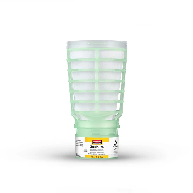 Rubbermaid Commercial Products® CirculAir 90™ 极地迷雾香氛补充装，旨在提供可靠的空气净化性能，并经认证可回收利用。该补充装采用单一材料制成，可直接放入回收系统，无需拆卸。