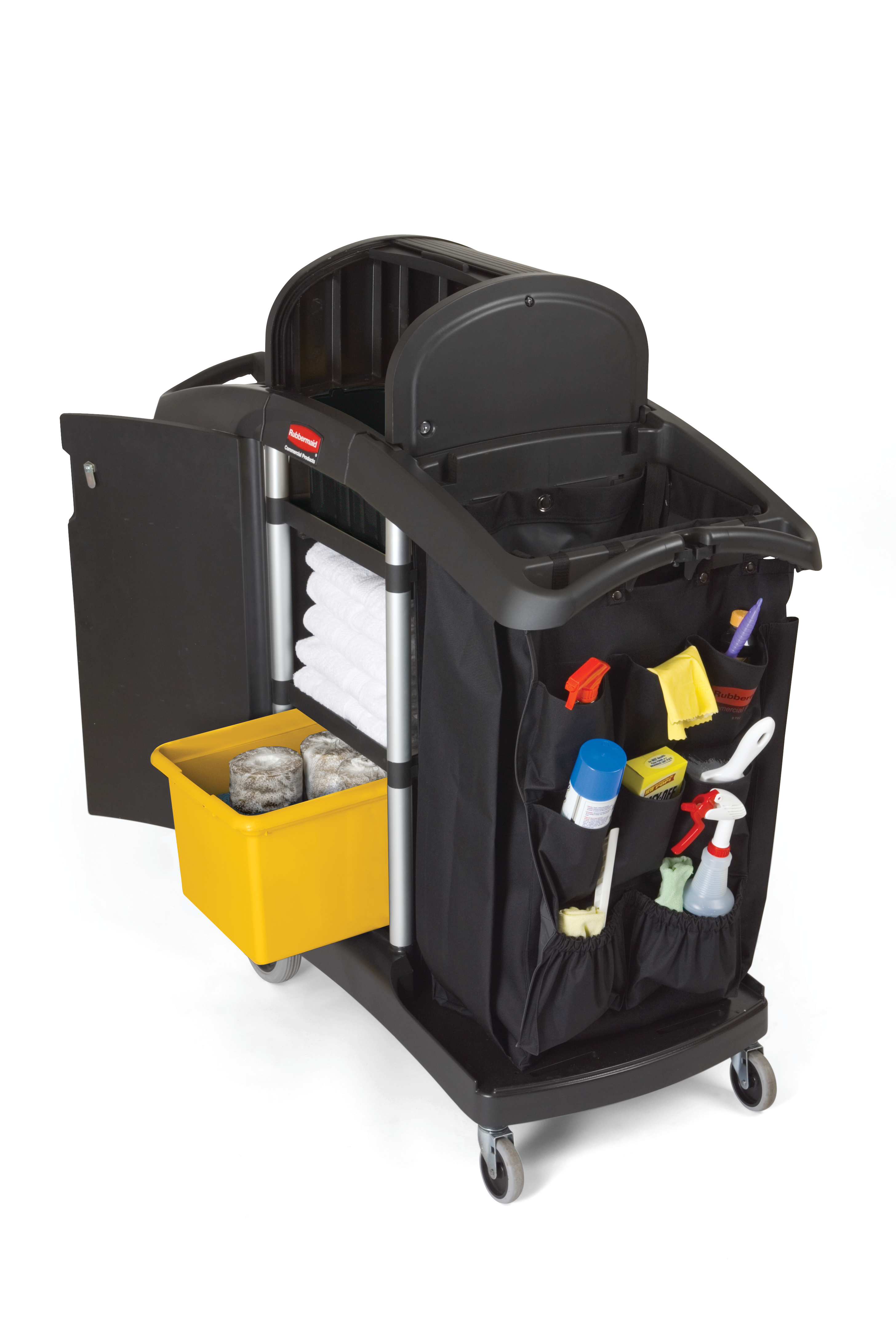 乐柏美商务用品行政系列精巧型客房服务推车可提供一套完整的客房服务解决方案。可调存储选项，轻松适应不同清洁用品需求，提供灵活布局。