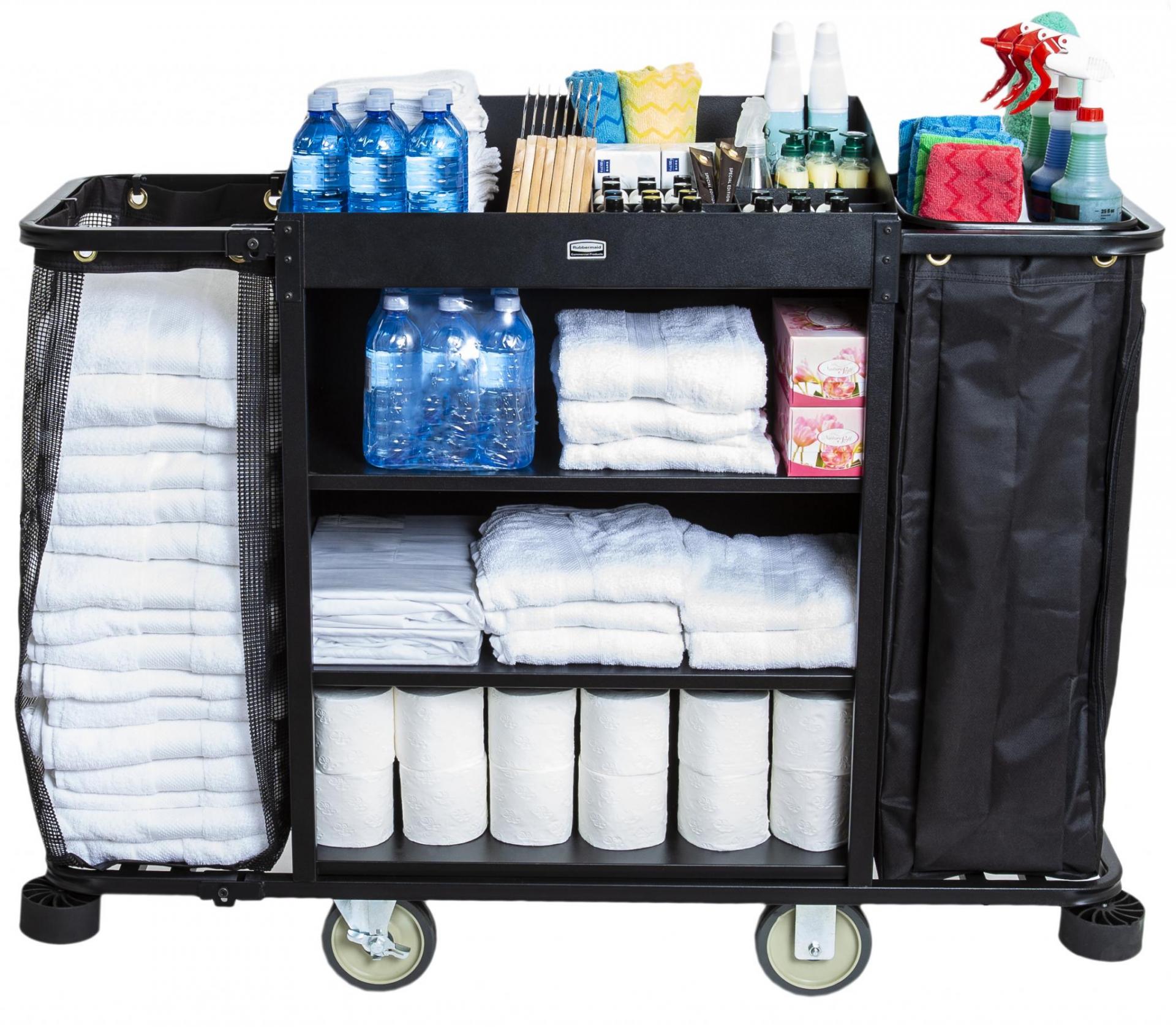 专业轻型客房服务推车专为满足日常清洁需求设计，小巧占地面积结合大容量存储空间，显著提升生产力。