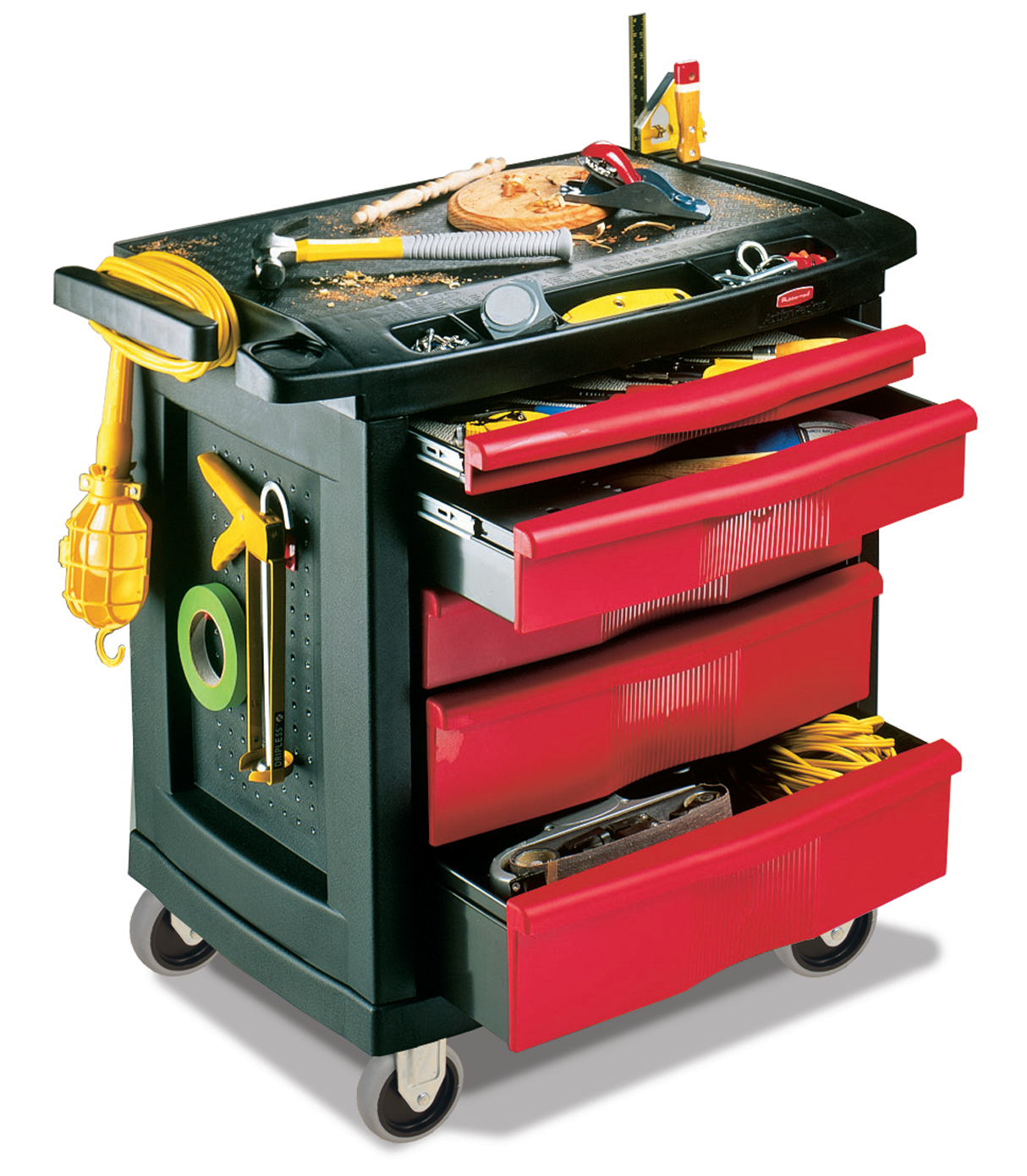 五抽屉活动式工作平台是一款功能全面的移动式工作台，配备便于整理的工具储存空间。平整工作台面支持定制化作业方案，中央锁定系统确保运输过程中工具与物资安全稳固。
