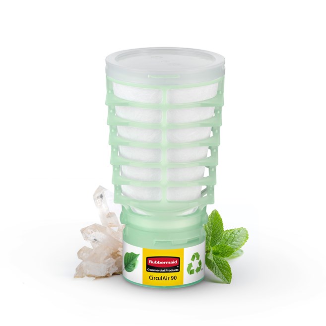 Rubbermaid Commercial Products® CirculAir 90™ 水晶微风香氛补充装，经第三方验证，可提供可靠的空气净化性能，并可回收利用。该补充装采用单一材料制成，可直接回收利用，无需拆卸。