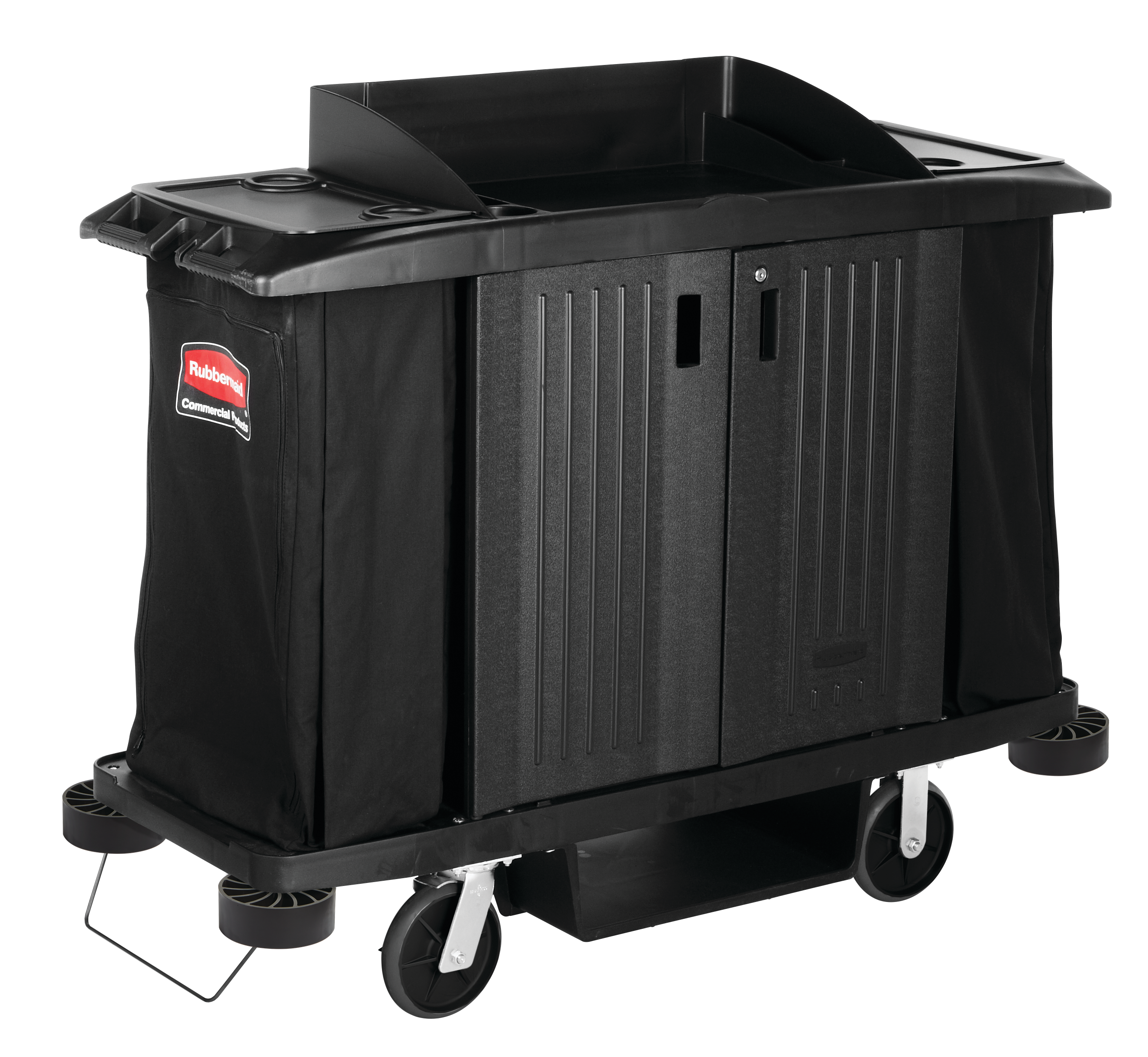 行政系列全配型客房服务推车是一款完整的客房清洁系统解决方案，可选配双袋收集系统及可调节搁板。