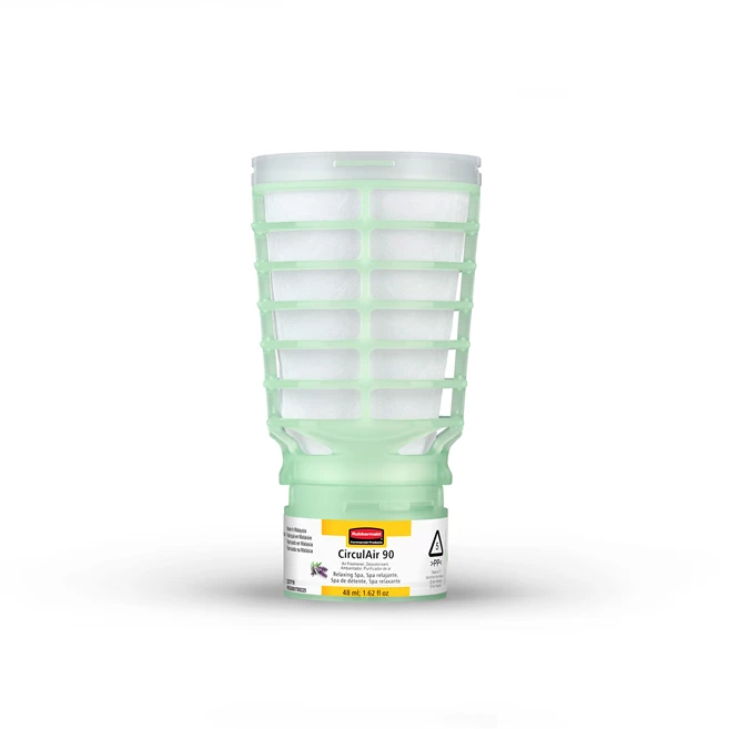 Rubbermaid Commercial Products® CirculAir 90™ 舒缓水疗香氛补充装，旨在提供可靠的空气净化性能，并经认证可回收利用。该补充装采用单一材料制成，可直接回收利用，无需拆卸。