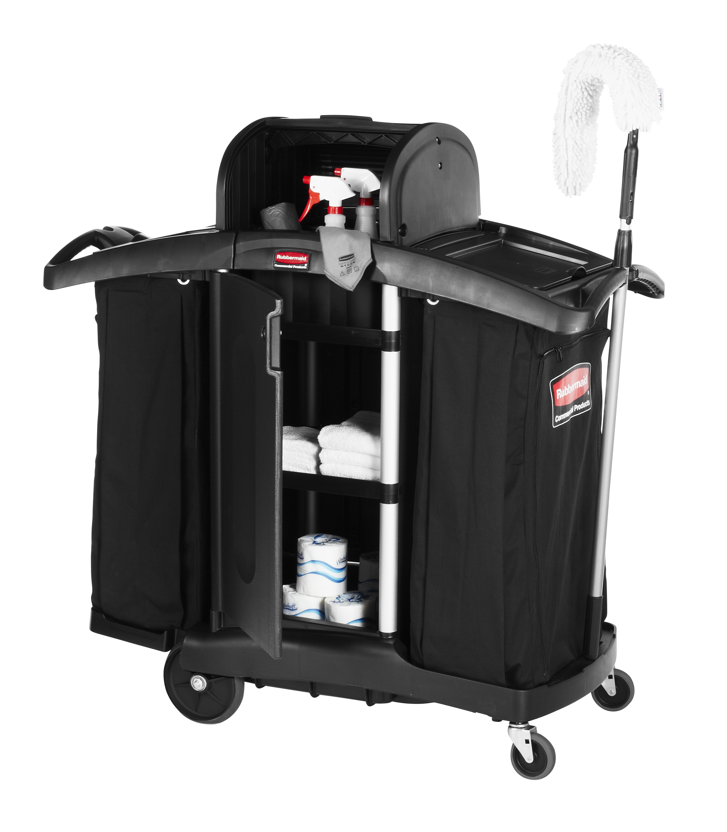 乐柏美商务用品行政系列精巧型客房服务推车可提供一套完整的客房服务解决方案。可调存储选项，轻松适应不同清洁用品需求，提供灵活布局。